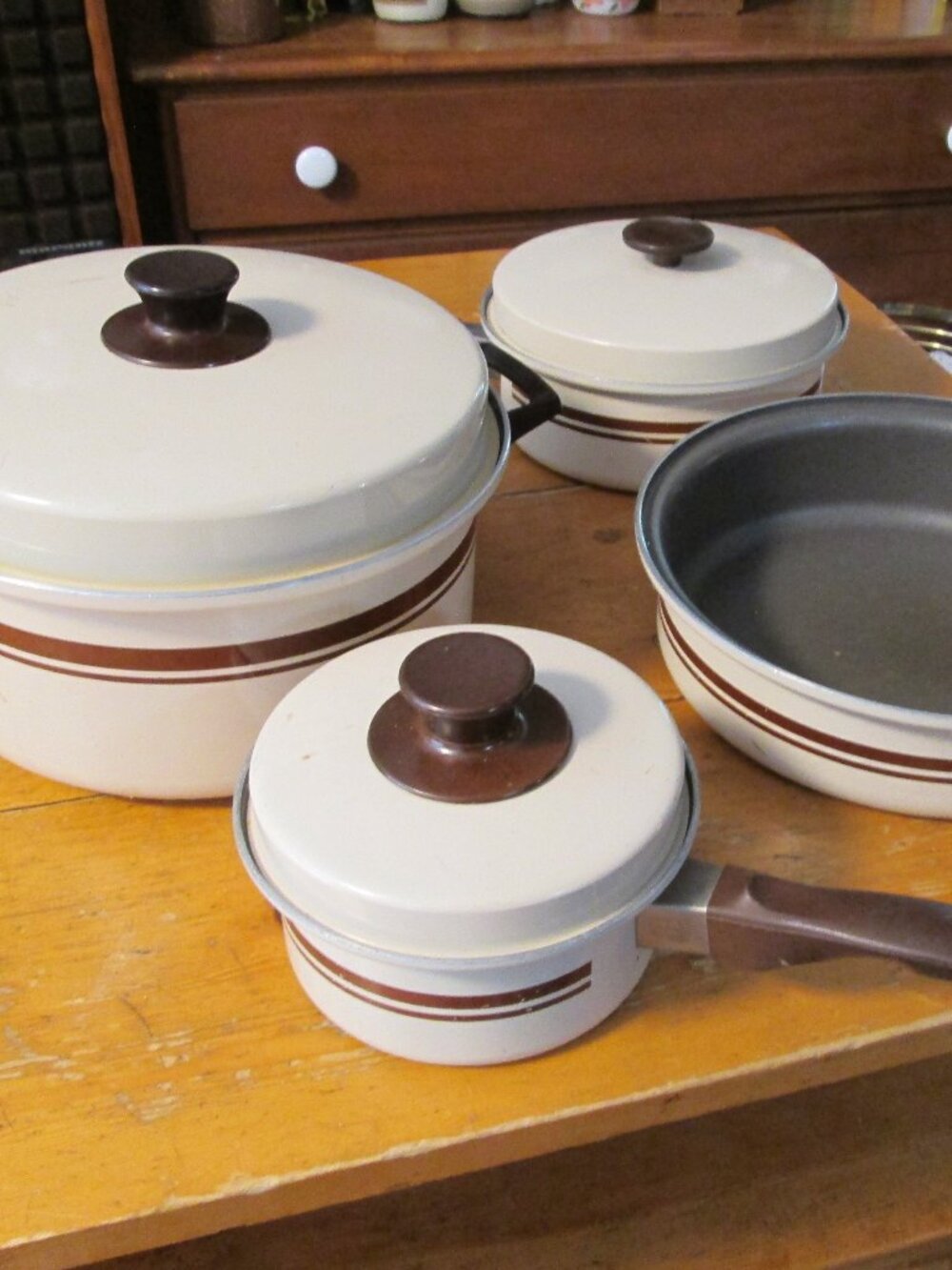 70s boho Mirro almond brwn stripe pots pan set 7 pc